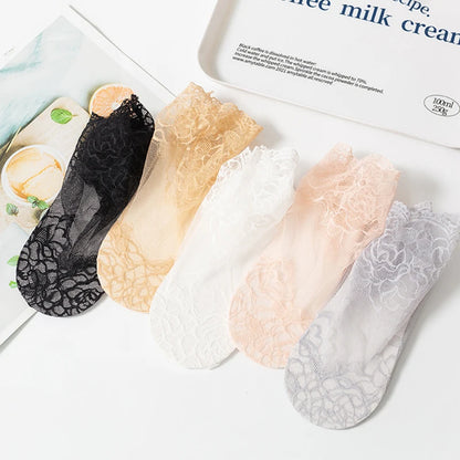 5 Pairs Women’s Lace Invisible Socks – Thin Non-Slip Boat Socks
