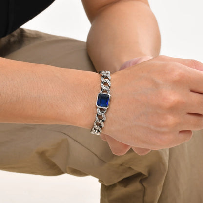 Men’s chunky Cuban chain bracelet with blue stone