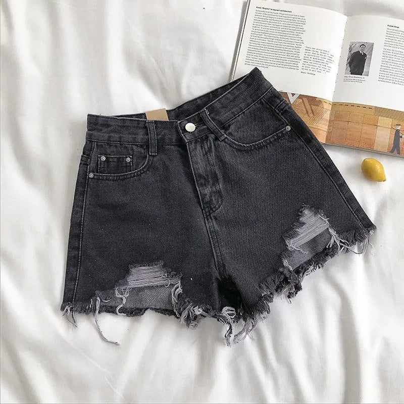 Casual ripped jeans with tassel pockets denim shorts, Y2K style