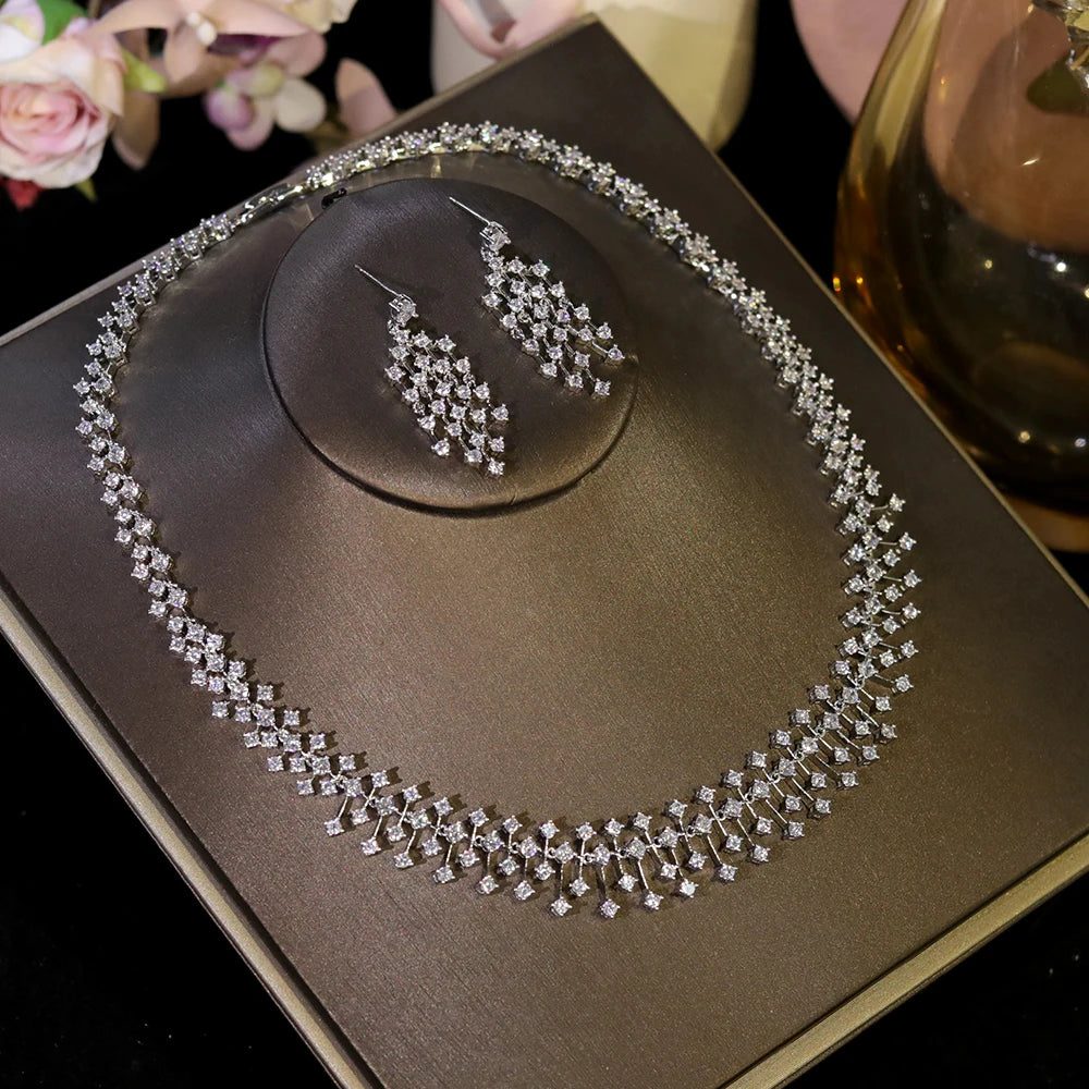 ASNORA CZ Bridal Necklace Set – Water Drop Wedding Design