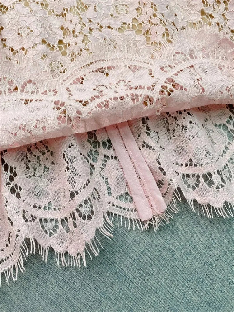 Flower lace hollow-out short sleeve top pearl-embellished