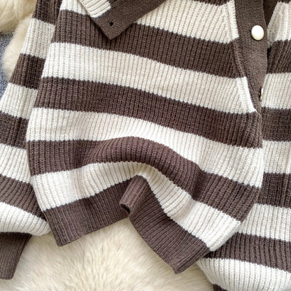 Chic stripe off-shoulder sweater with buttons