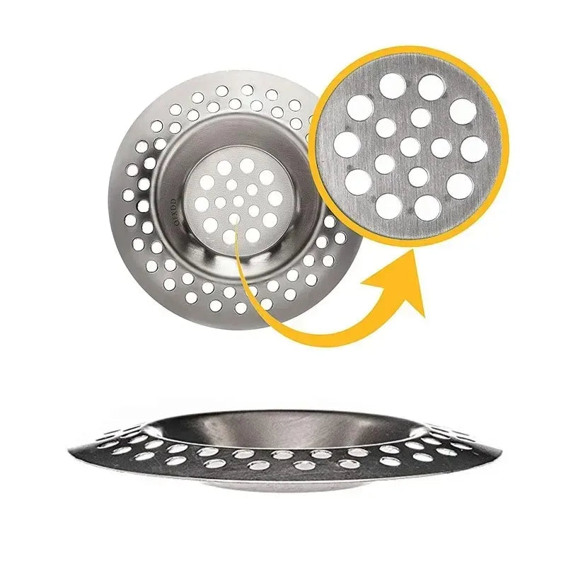 Durable stainless steel drain filter with fine mesh design; fits most sink drain holes