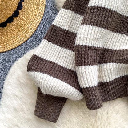 Chic stripe off-shoulder sweater with buttons