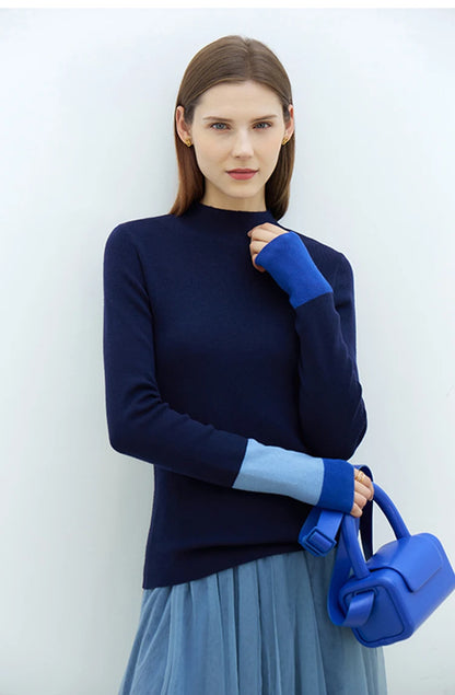 Slim-fit color-contrast pullover minimalist half-high collar sweater