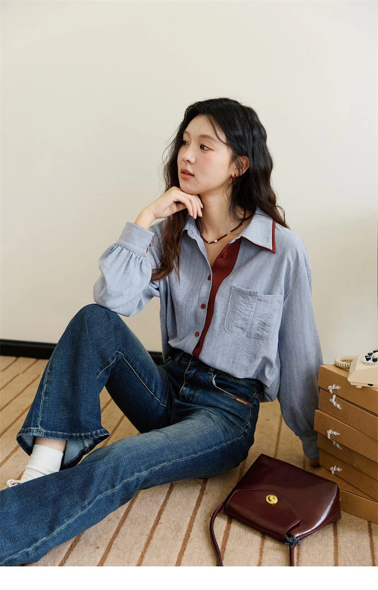 Blue-red contrasting color loose retro top