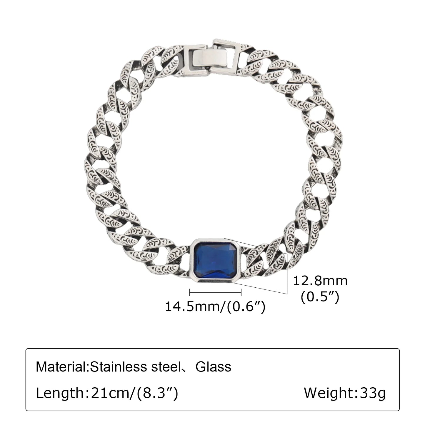 Men’s chunky Cuban chain bracelet with blue stone