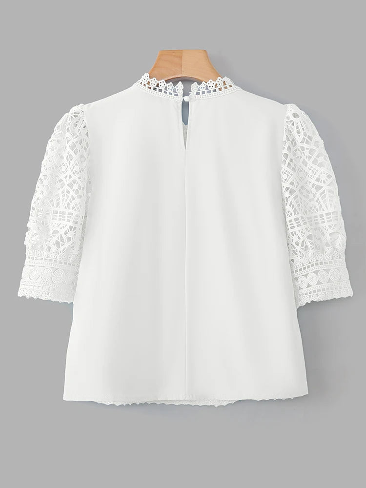 Casual loose hollow-out half puff sleeve top