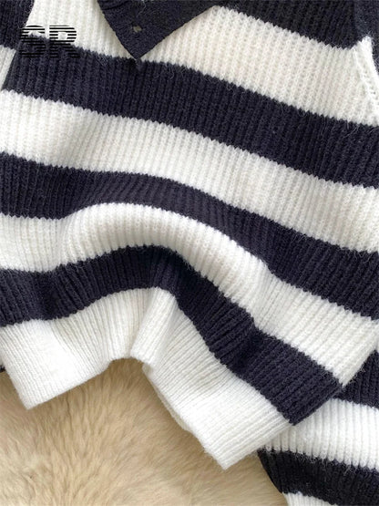 Chic stripe off-shoulder sweater with buttons