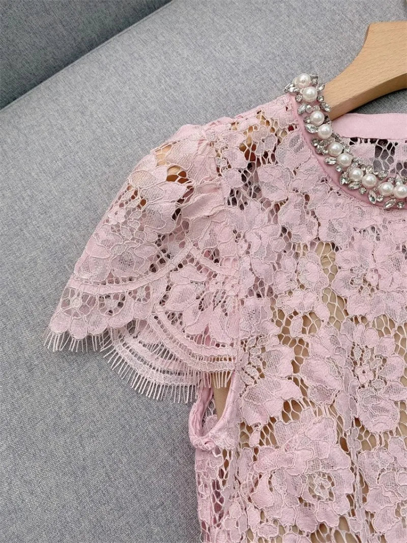Flower lace hollow-out short sleeve top pearl-embellished