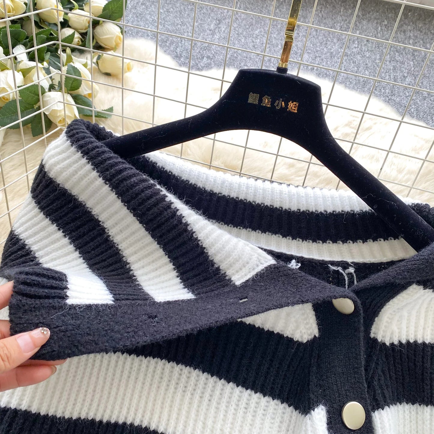 Chic stripe off-shoulder sweater with buttons