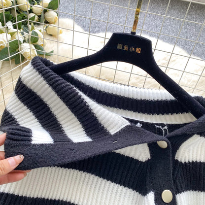 Chic stripe off-shoulder sweater with buttons