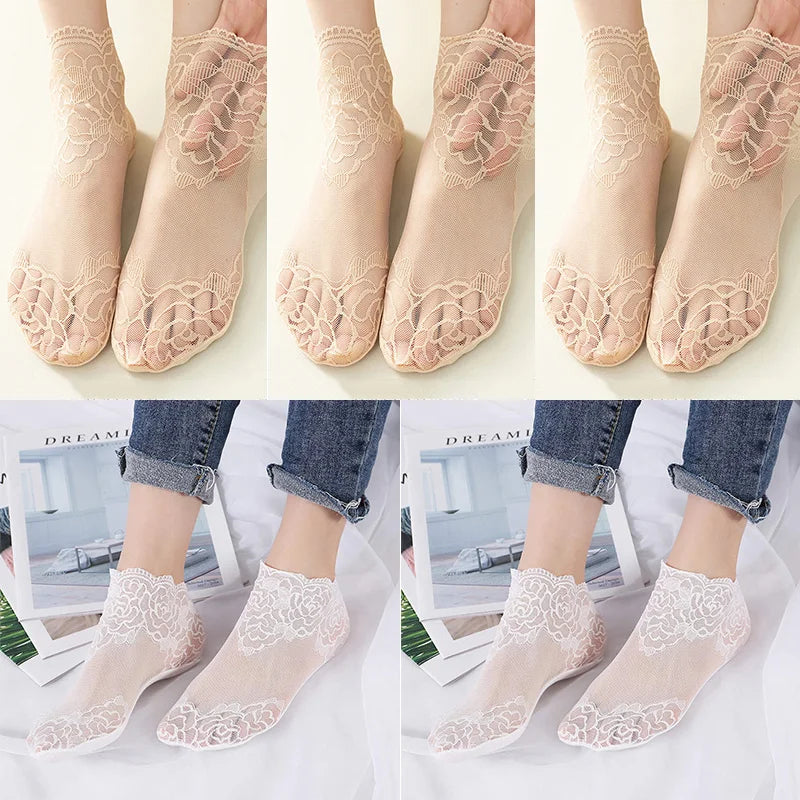5 Pairs Women’s Lace Invisible Socks – Thin Non-Slip Boat Socks