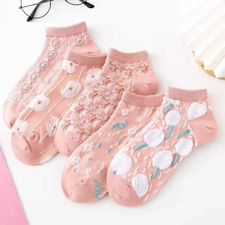 5 Pairs Kawaii 3D Flower Ankle Socks – Thin Low Cut