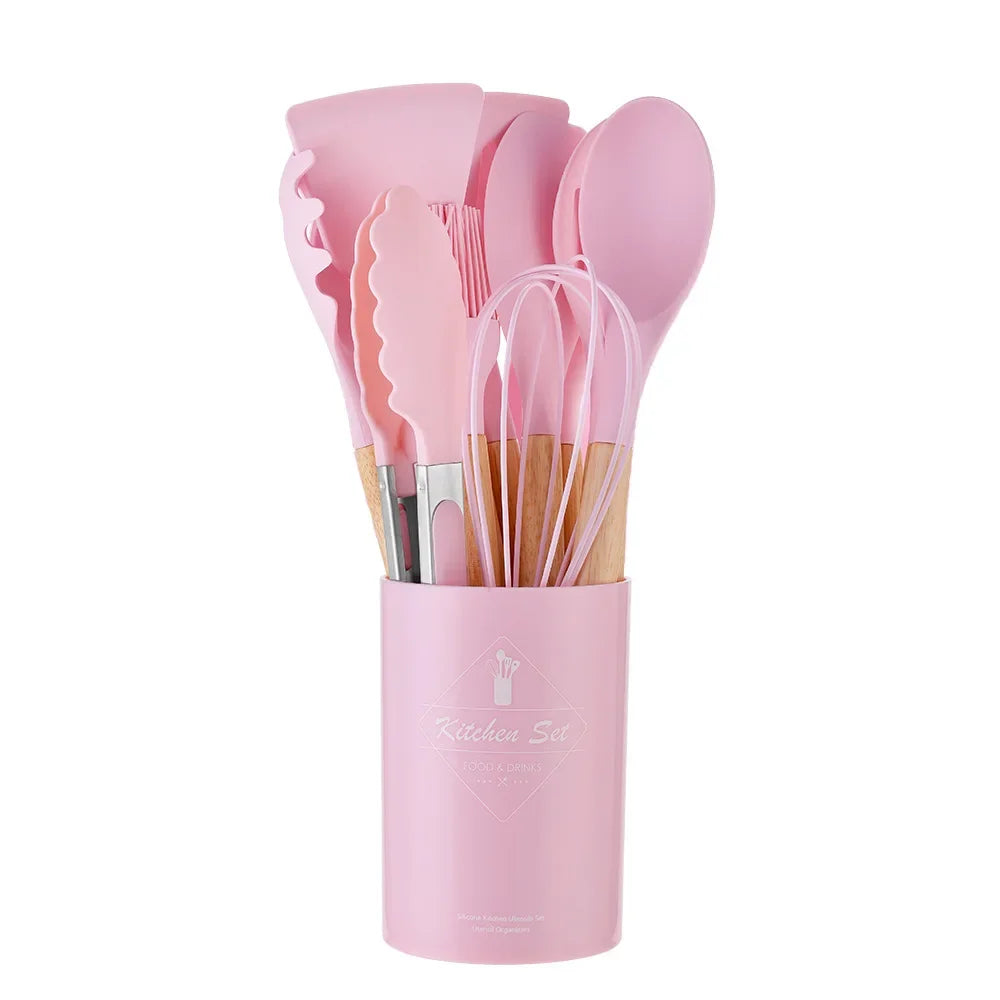 12-piece silicone kitchen utensil set with wooden handles—non-stick safe