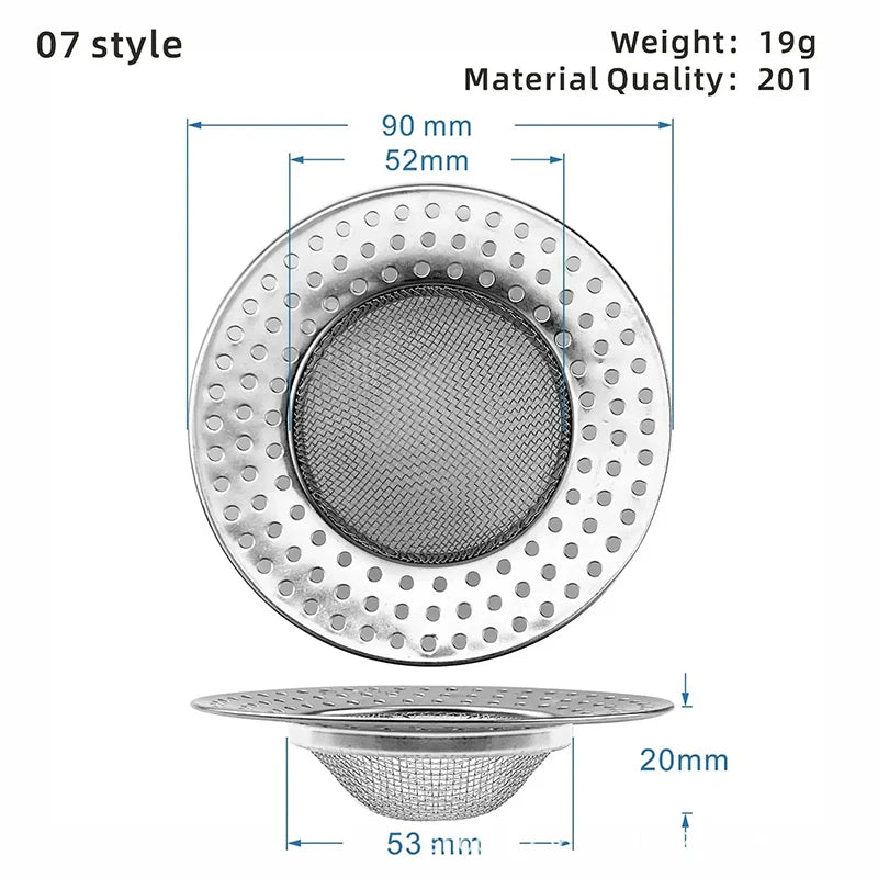 Durable stainless steel drain filter with fine mesh design; fits most sink drain holes