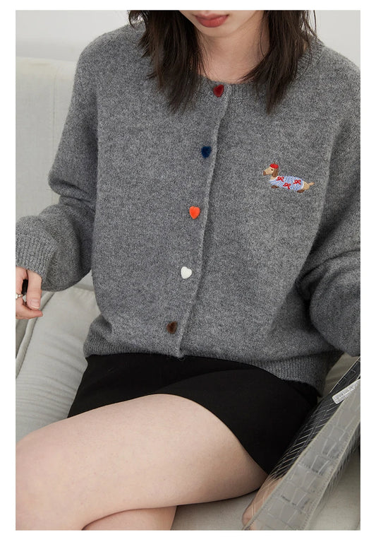 Casual knitted sweater with dog embroidery