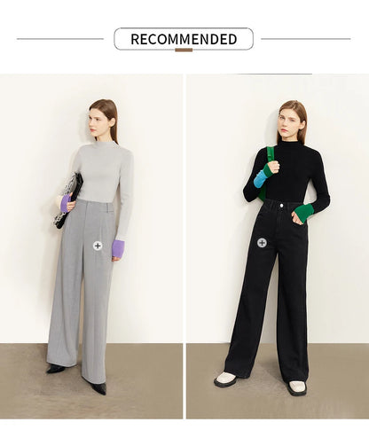 Slim-fit color-contrast pullover minimalist half-high collar sweater