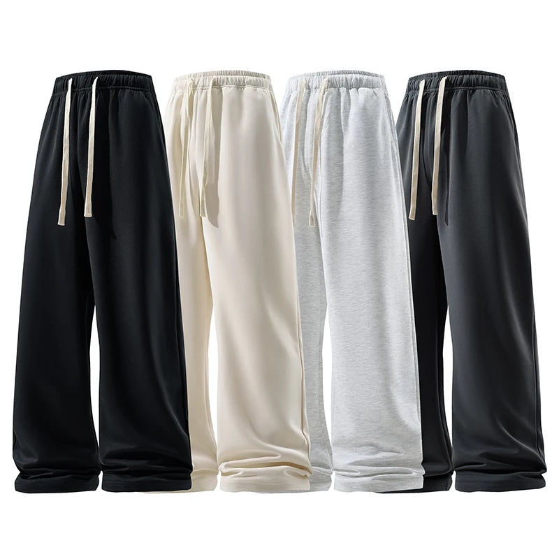 Wide Leg Breathable Men’s Sweatpants — Elastic High Waist, Loose Straight Fit