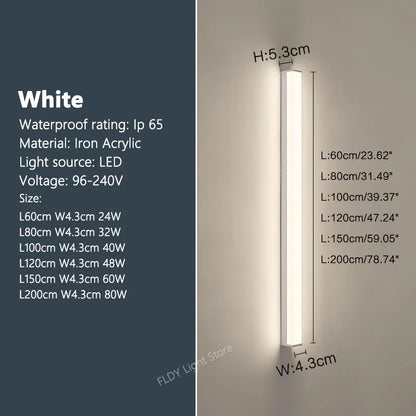 Weatherproof modern LED wall sconce for outdoor spaces, IP65, long-strip style