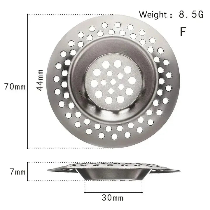 Durable stainless steel drain filter with fine mesh design; fits most sink drain holes