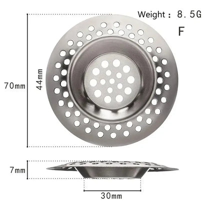 Durable stainless steel drain filter with fine mesh design; fits most sink drain holes