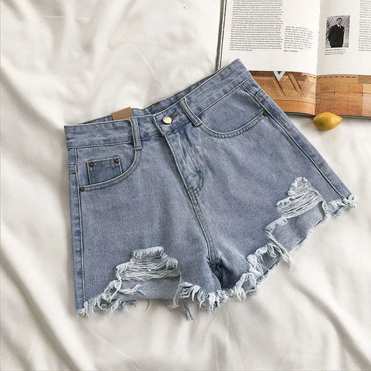 Casual ripped jeans with tassel pockets denim shorts, Y2K style