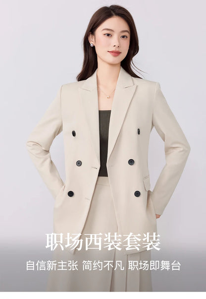 College-style blazer and pleated skirt outfit