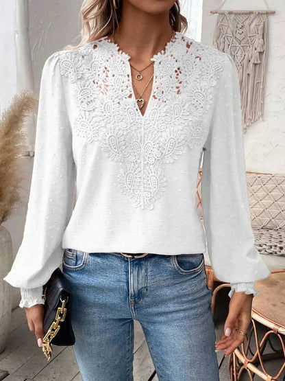 Women’s long-sleeve V-neck lace -trendy puff sleeve pullover