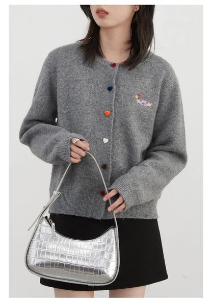 Casual knitted sweater with dog embroidery