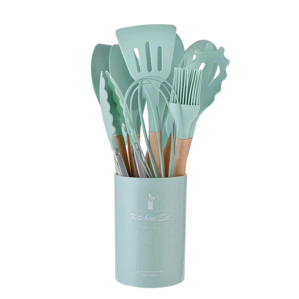 12-piece silicone kitchen utensil set with wooden handles—non-stick safe