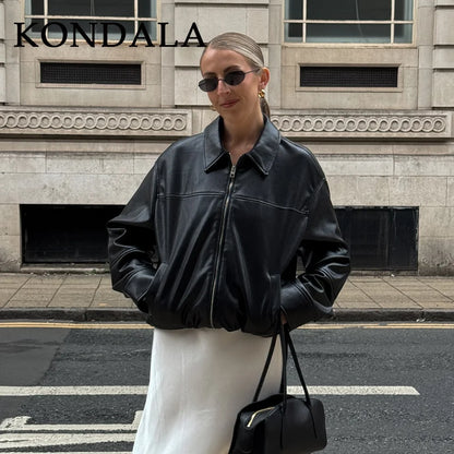 KONDALA 2025 Fall/Winter Brown Business Casual Faux Leather Jacket for Women