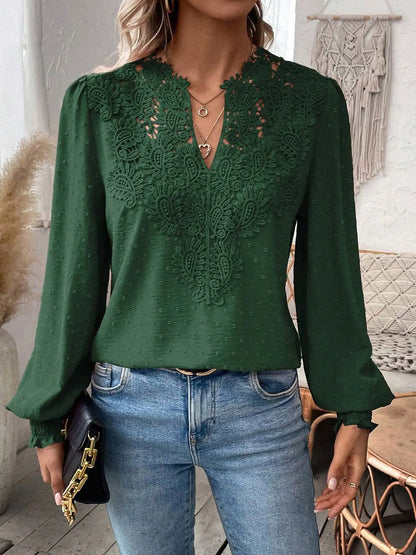 Women’s long-sleeve V-neck lace -trendy puff sleeve pullover