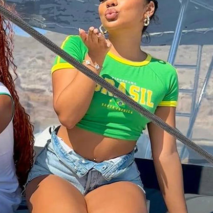 Fashionable retro Brazil print streetwear crop top