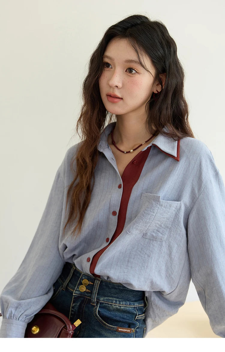 Blue-red contrasting color loose retro top