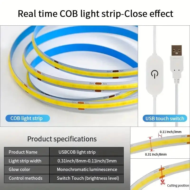 Flexible LED COB strip with touch dimmer—perfect for DIY lighting