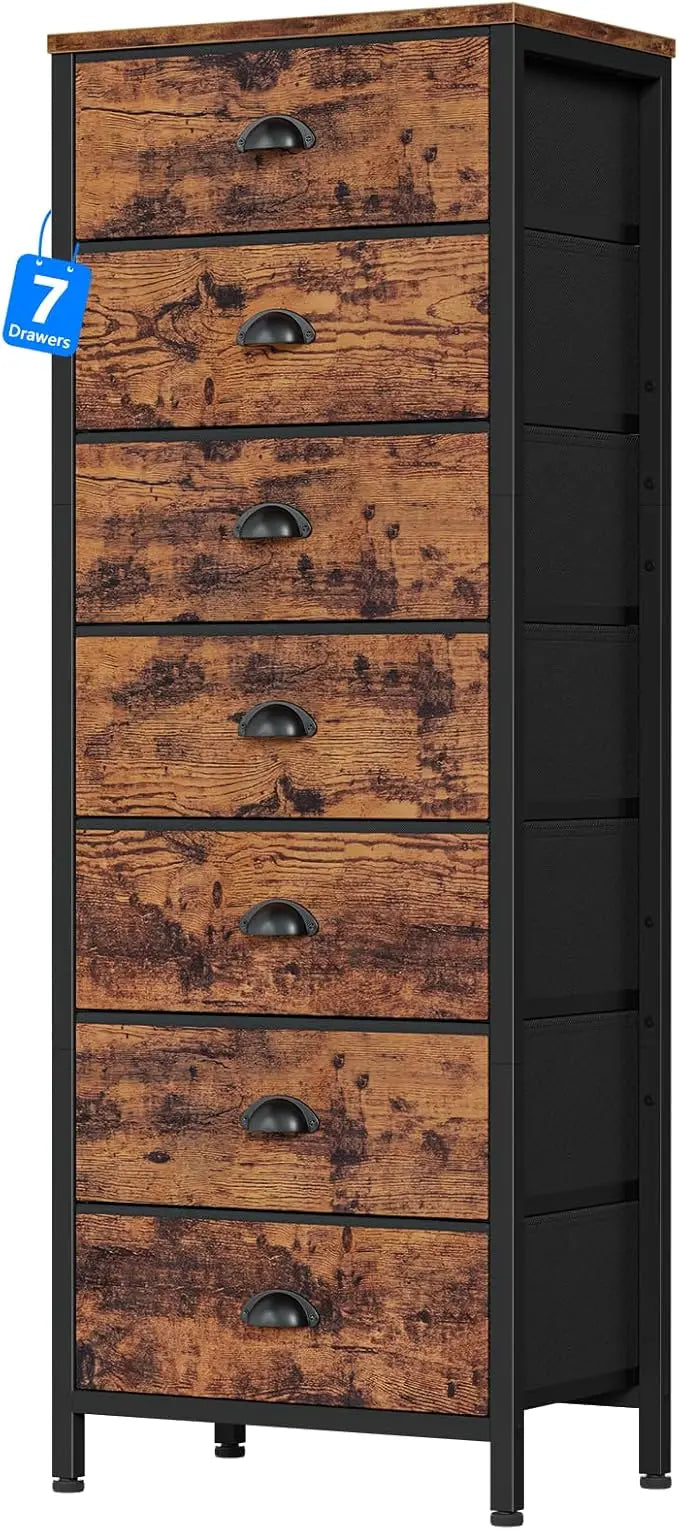 Industrial-style tall dresser with 6 drawers and fabric storage—ideal for bedrooms or dorm rooms