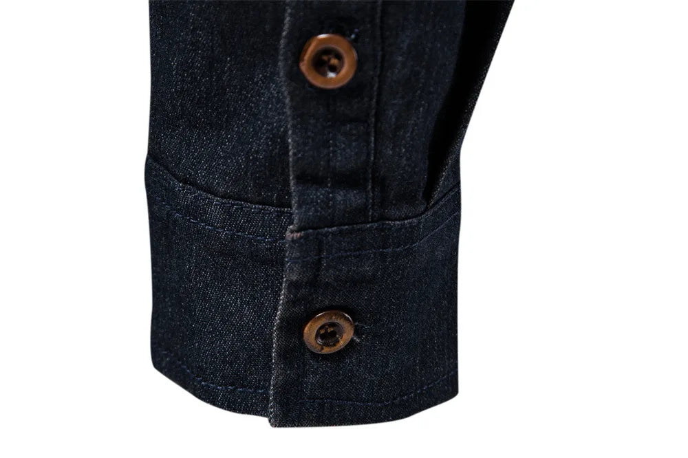 Men's casual solid - color long - sleeve denim shirt