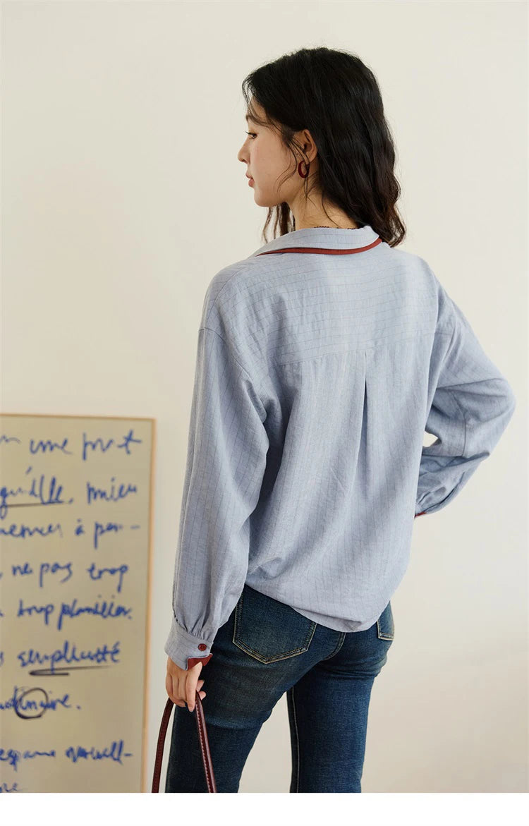 Blue-red contrasting color loose retro top