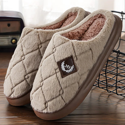 Men’s Furry Plaid Winter Slippers — EVA Memory Foam, Plush Lining, Non-Slip Sole