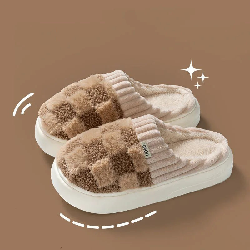 Fashion Couple Winter Slides – Warm Plaid Fluffy Slippers for Home