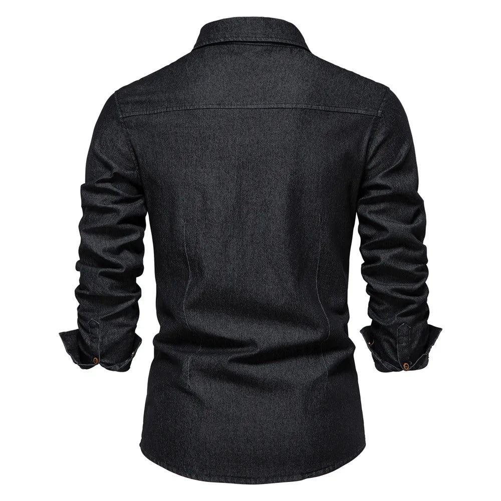 Men's casual solid - color long - sleeve denim shirt