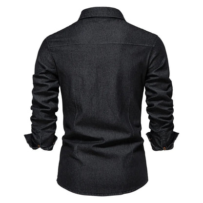 Men's casual solid - color long - sleeve denim shirt