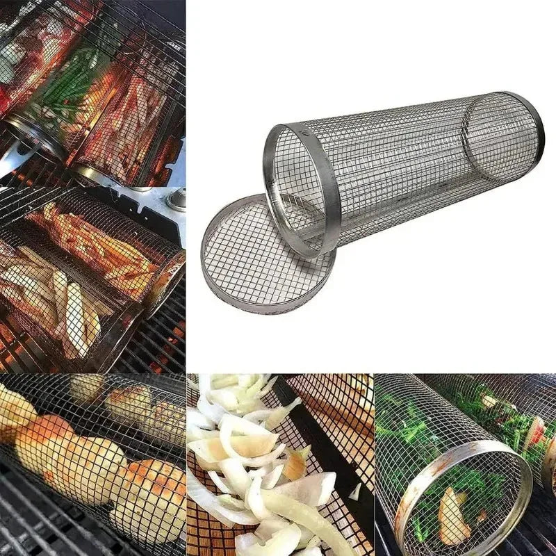Cylinder grilling cage for vegetables, meat, and seafood on the barbecue
