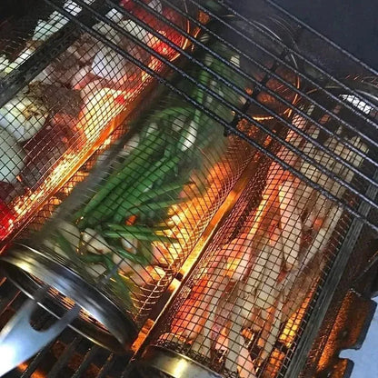 Cylinder grilling cage for vegetables, meat, and seafood on the barbecue