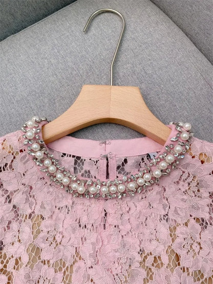 Flower lace hollow-out short sleeve top pearl-embellished