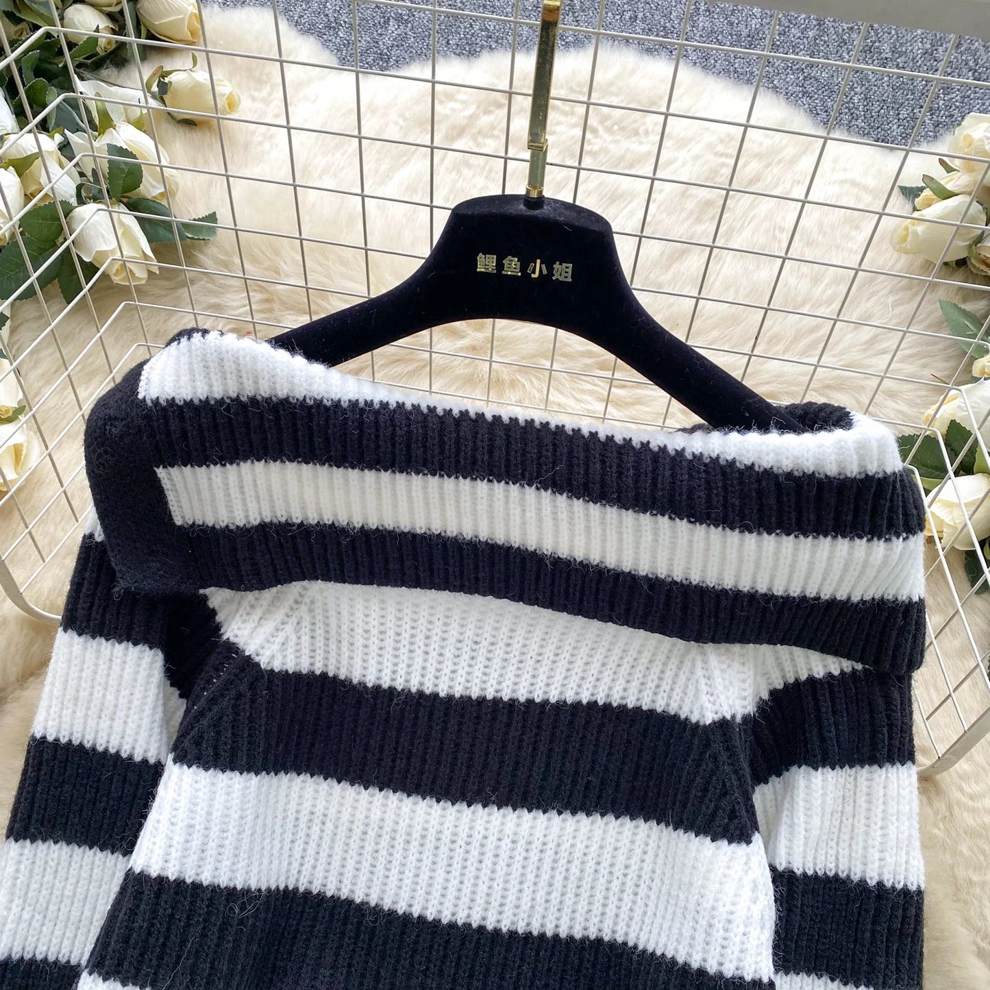 Chic stripe off-shoulder sweater with buttons