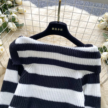 Chic stripe off-shoulder sweater with buttons