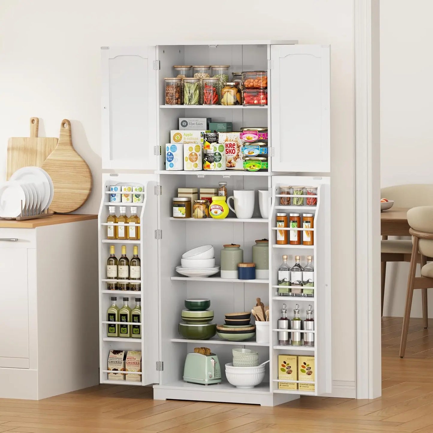 High kitchen cabinet with enclosed shelving for tidy pantry space