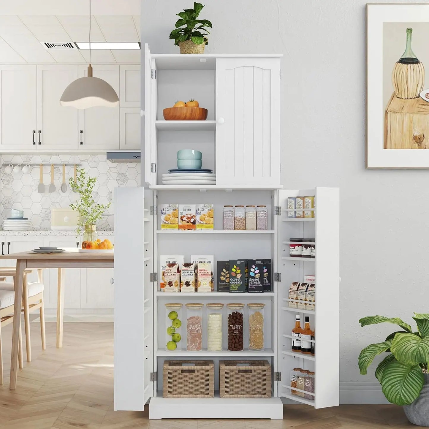 High kitchen cabinet with enclosed shelving for tidy pantry space